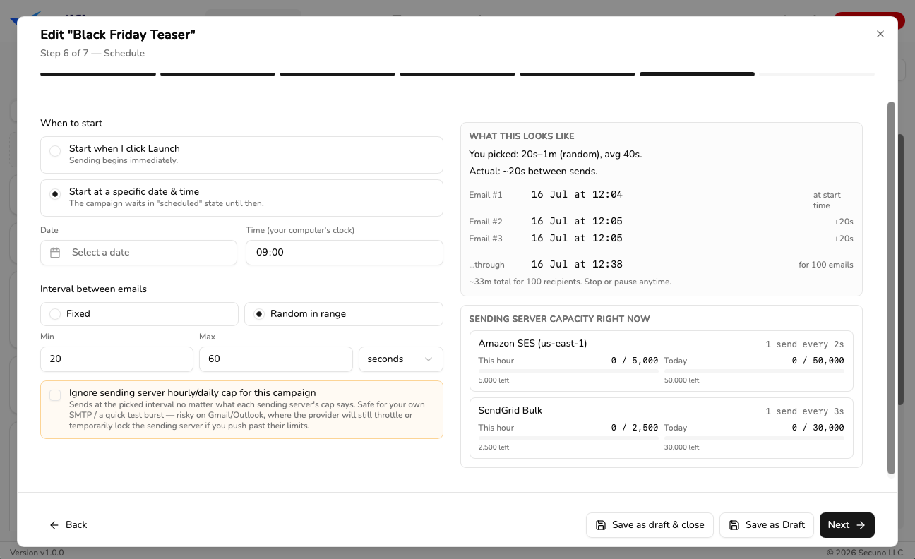 MailFleet campaign wizard, schedule step: "Start at a specific date and time" is selected, with a note that the campaign waits in scheduled state until then, an interval between emails set to a random 20–60 seconds, and a panel projecting the real gap between sends and the finish time.