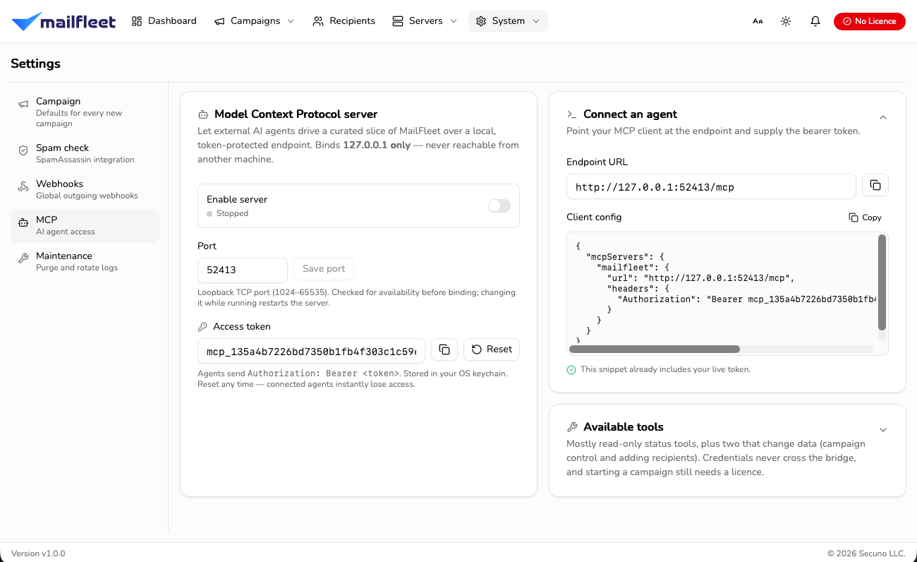 MailFleet's MCP settings: a Model Context Protocol server that binds to 127.0.0.1 only, with a port, an access token stored in the OS keychain, and a ready-made client config snippet. A note says the tools are mostly read-only, that credentials never cross the bridge, and that starting a campaign still needs a licence.