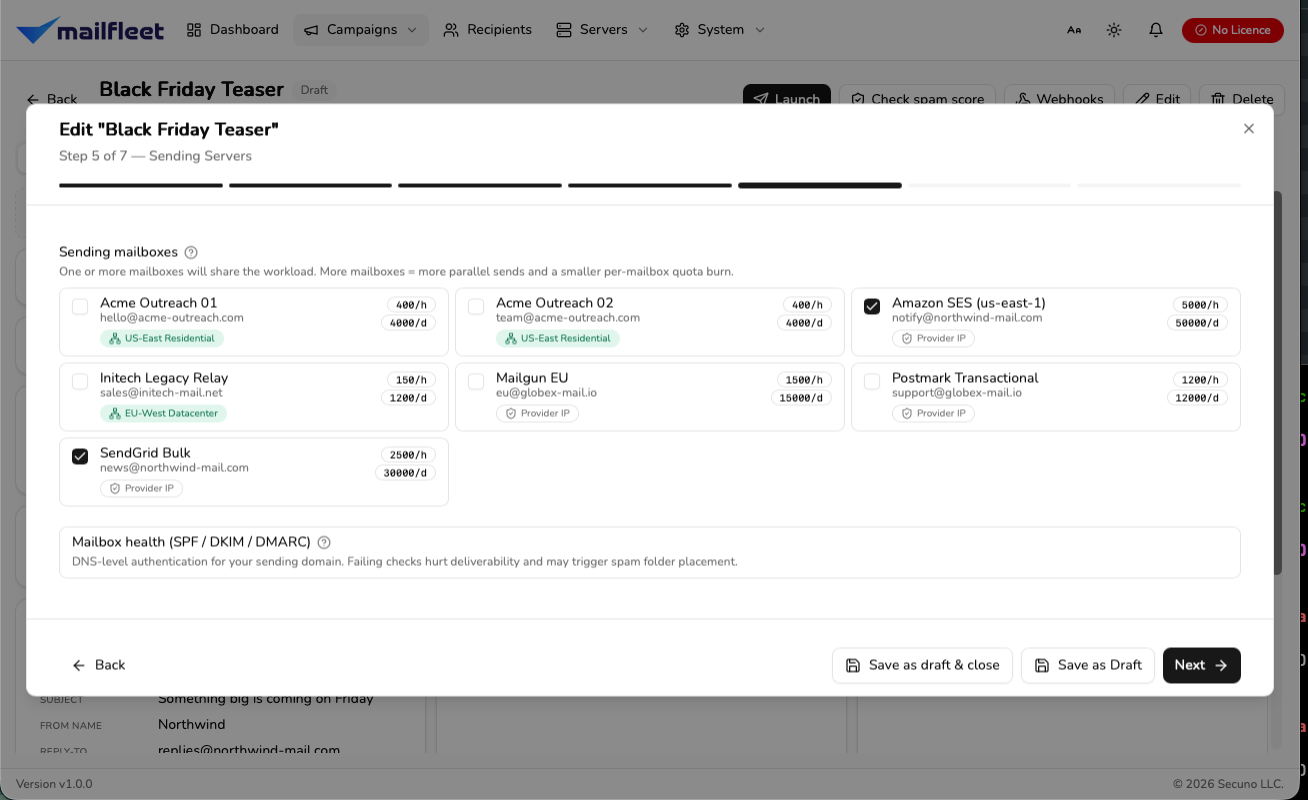 MailFleet campaign review step showing the sending-behavior summary, where the interval reads "30s-2m (random), per sending server in parallel".
