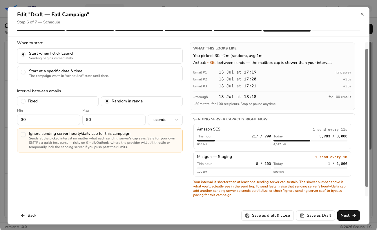 MailFleet campaign wizard — schedule step showing sending interval, live Amazon SES and Mailgun capacity, and a pre-send pacing warning
