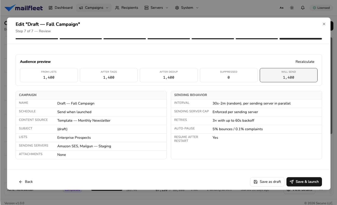 MailFleet campaign review step: a sending-behavior panel listing interval, sending-server cap, retries of 3 times with up to 60 seconds of backoff, auto-pause at 5% bounces or 0.1% complaints, and resume-after-restart set to yes.