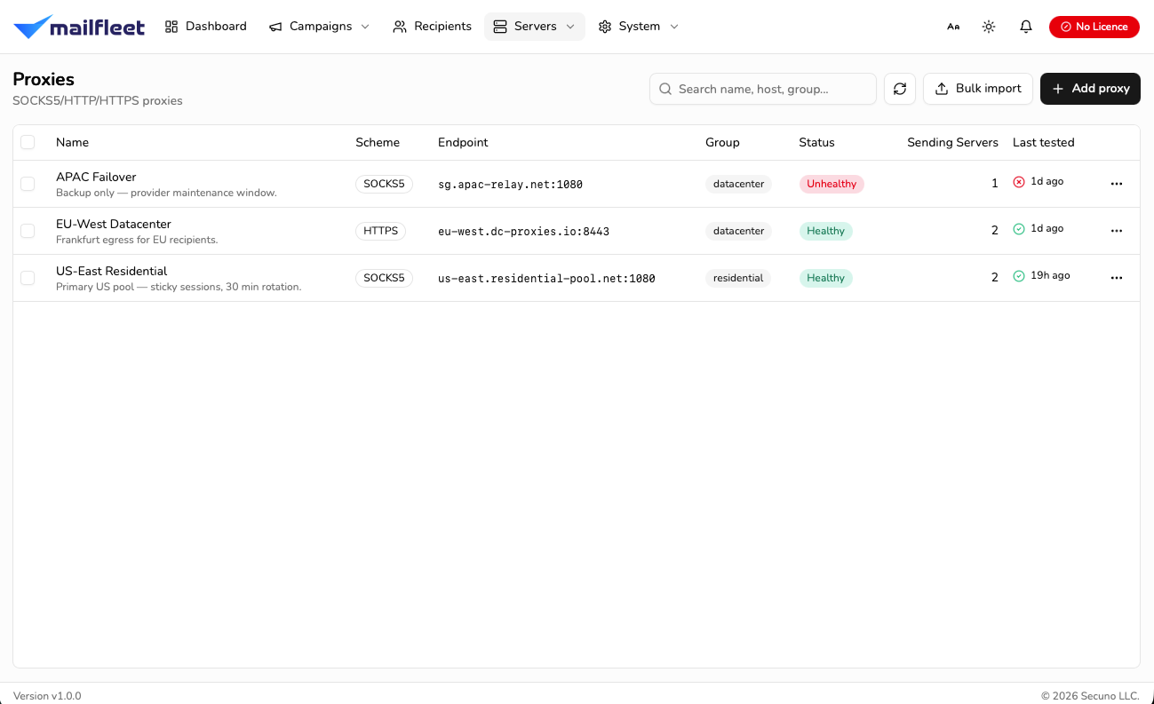 The proxy column of MailFleet's sending servers list, showing different outbound proxies assigned per sending server, and N/A where a server sends directly.