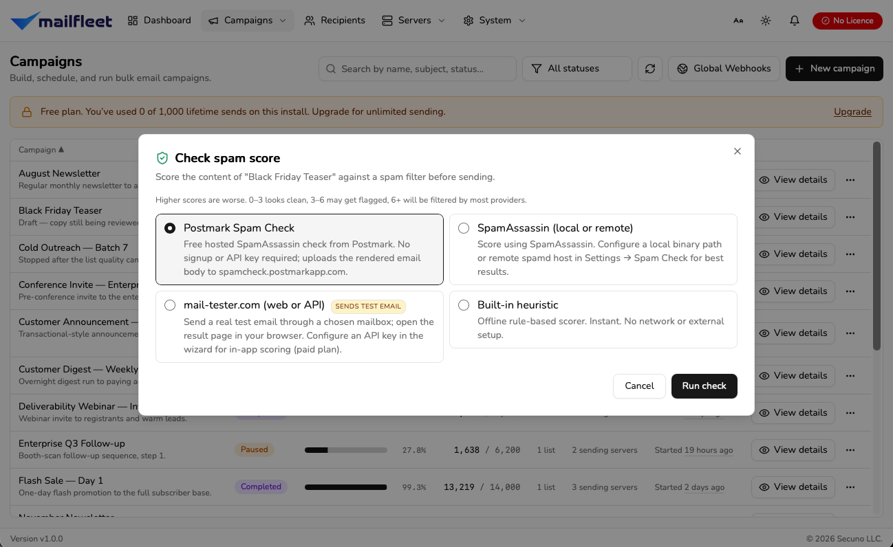 MailFleet's check-spam-score dialog, offering four scorers for a draft campaign: Postmark's free hosted SpamAssassin, a local or remote SpamAssassin, mail-tester.com, and an offline built-in heuristic. The dialog explains that 0–3 looks clean, 3–6 may get flagged, and 6+ will be filtered by most providers.