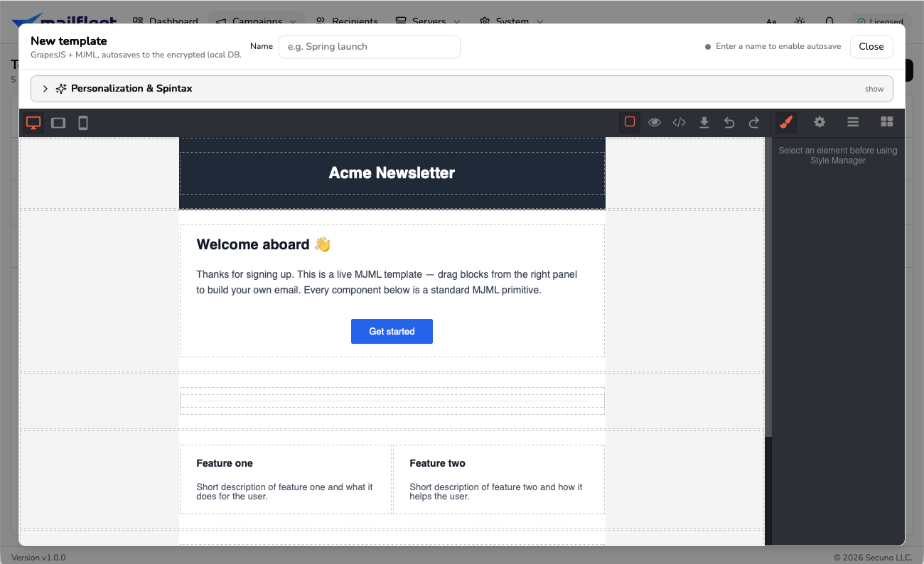 MailFleet template builder: a drag-and-drop MJML email being edited, with a personalization and spintax panel, device preview switcher, and a code view.